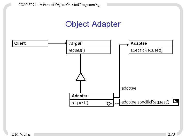 COSC 3 P 91 – Advanced Object-Oriented Programming Object Adapter Client Target Adaptee request()
