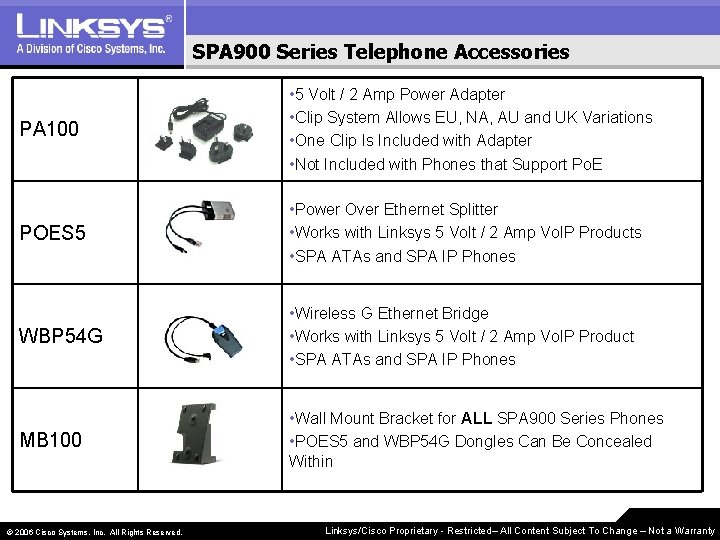 SPA 900 Series Telephone Accessories PA 100 • 5 Volt / 2 Amp Power
