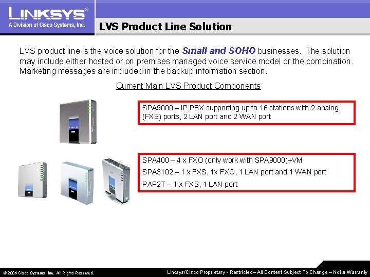 LVS Product Line Solution LVS product line is the voice solution for the Small