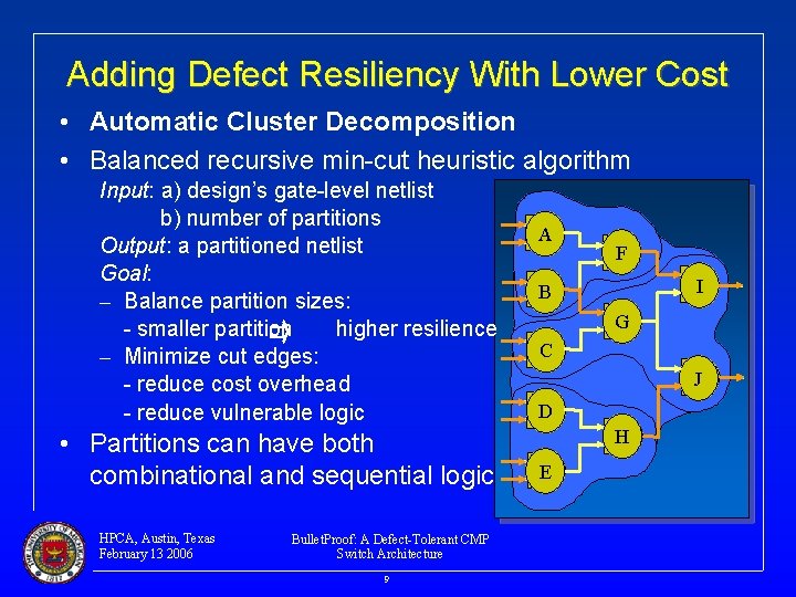 Adding Defect Resiliency With Lower Cost • Automatic Cluster Decomposition • Balanced recursive min-cut