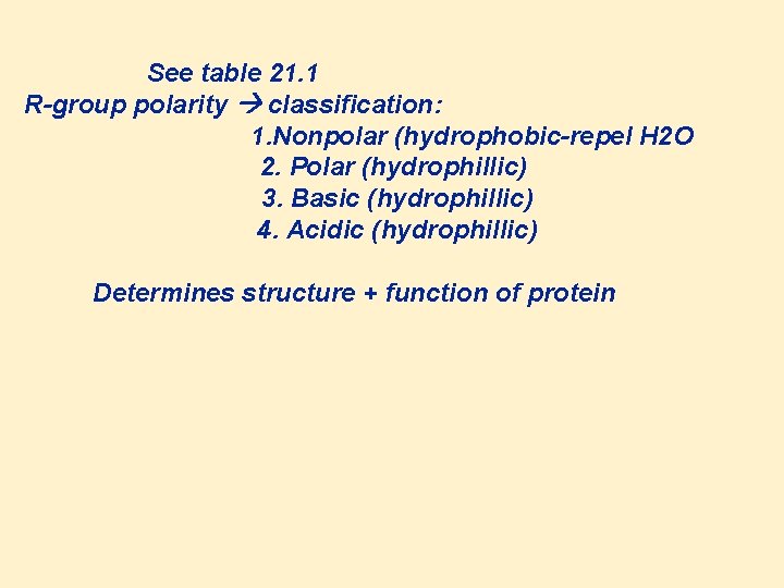 See table 21. 1 R-group polarity classification: 1. Nonpolar (hydrophobic-repel H 2 O 2.