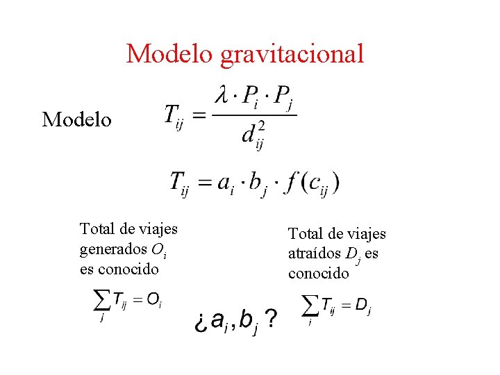 Modelo gravitacional Modelo Total de viajes generados Oi es conocido Total de viajes atraídos