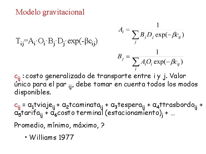 Modelo gravitacional Tij=Ai·Oi·Bj·Dj·exp(-βcij) cij : costo generalizado de transporte entre i y j. Valor