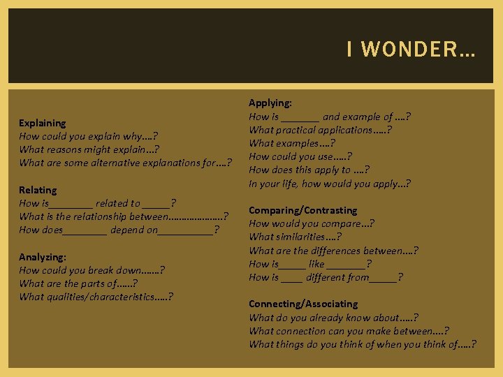 I WONDER… Explaining How could you explain why…. ? What reasons might explain…? What