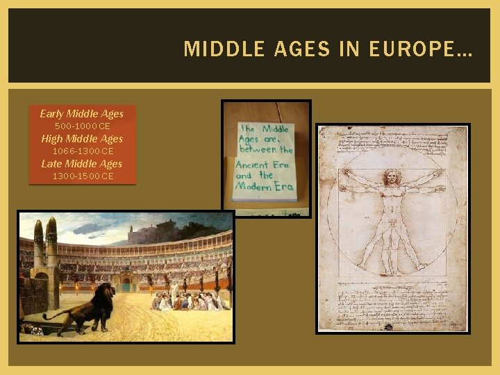 MIDDLE AGES IN EUROPE… Early Middle Ages 500 -1000 CE High Middle Ages 1066