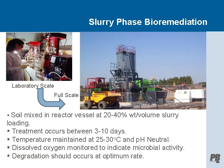 Slurry Phase Bioremediation Laboratory Scale Full Scale § Soil mixed in reactor vessel at