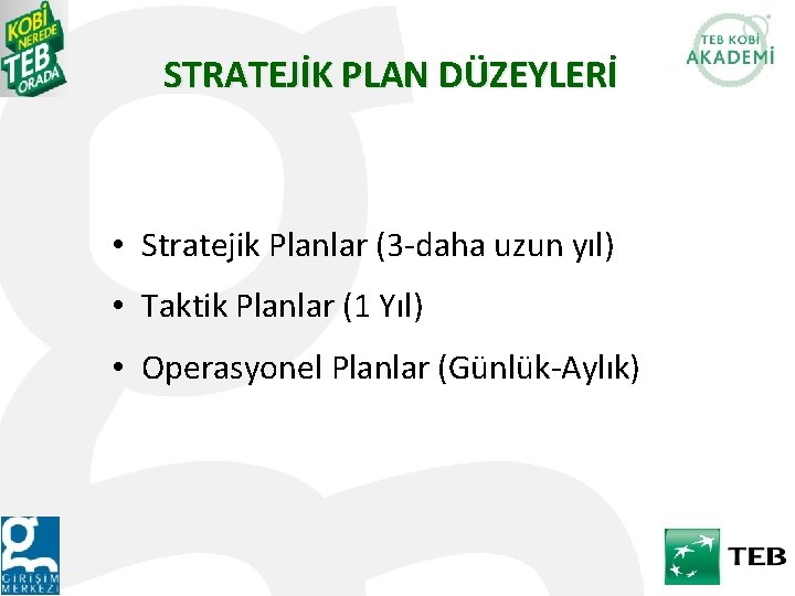 STRATEJİK PLAN DÜZEYLERİ • Stratejik Planlar (3 -daha uzun yıl) • Taktik Planlar (1