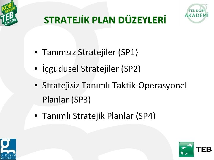 STRATEJİK PLAN DÜZEYLERİ • Tanımsız Stratejiler (SP 1) • İçgüdüsel Stratejiler (SP 2) •