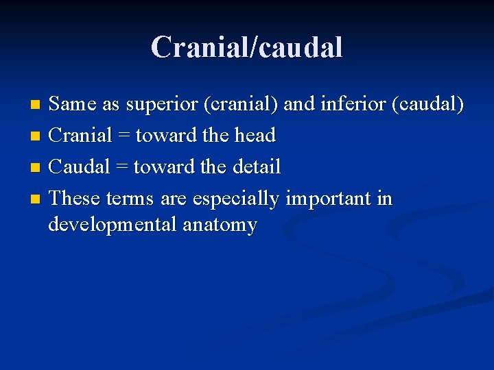 Cranial/caudal Same as superior (cranial) and inferior (caudal) n Cranial = toward the head