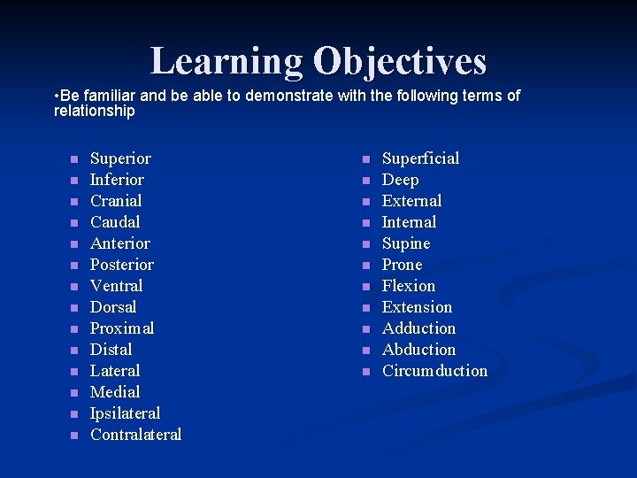 Learning Objectives • Be familiar and be able to demonstrate with the following terms