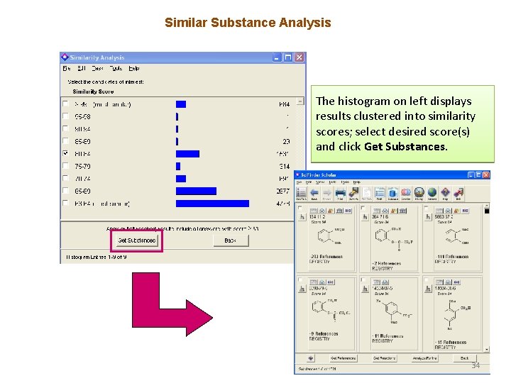 Similar Substance Analysis The histogram on left displays results clustered into similarity scores; select