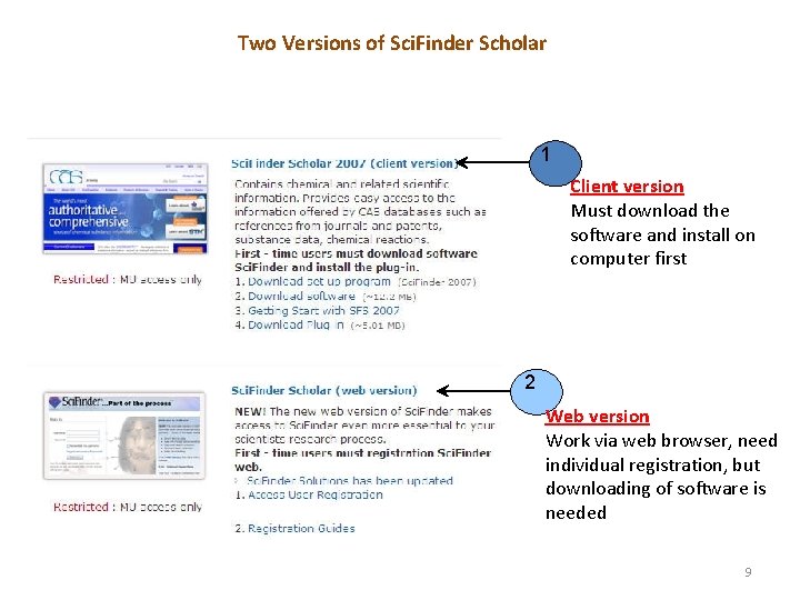 Two Versions of Sci. Finder Scholar 1 Client version Must download the software and