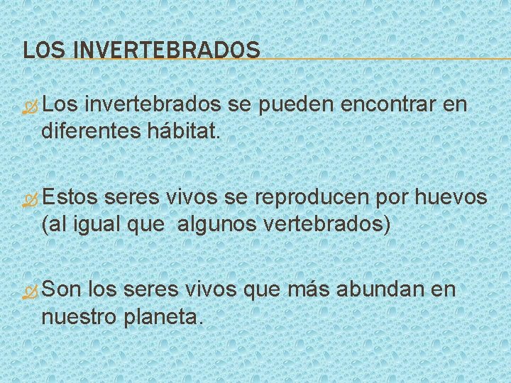 LOS INVERTEBRADOS Los invertebrados se pueden encontrar en diferentes hábitat. Estos seres vivos se