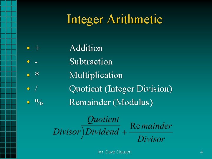 Integer Arithmetic • • • + * / % Addition Subtraction Multiplication Quotient (Integer