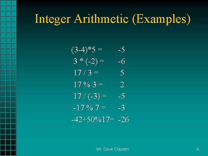 Integer Arithmetic (Examples) (3 -4)*5 = 3 * (-2) = 17 / 3 =