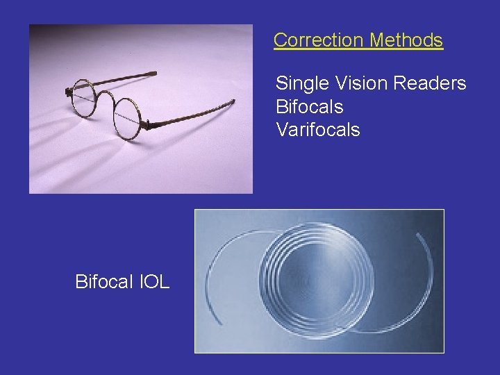 Correction Methods Single Vision Readers Bifocals Varifocals Bifocal IOL 