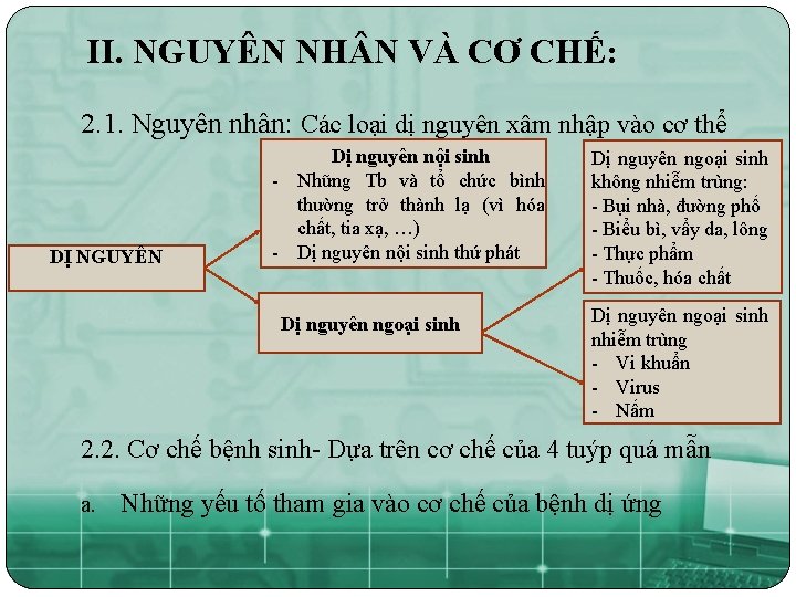 II. NGUYÊN NH N VÀ CƠ CHẾ: 2. 1. Nguyên nhân: Các loại dị