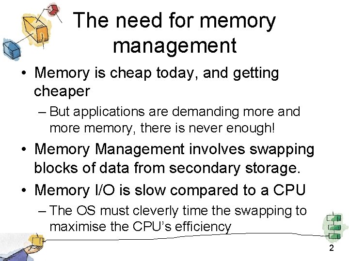 The need for memory management • Memory is cheap today, and getting cheaper – The need for memory management • Memory is cheap today, and getting cheaper –