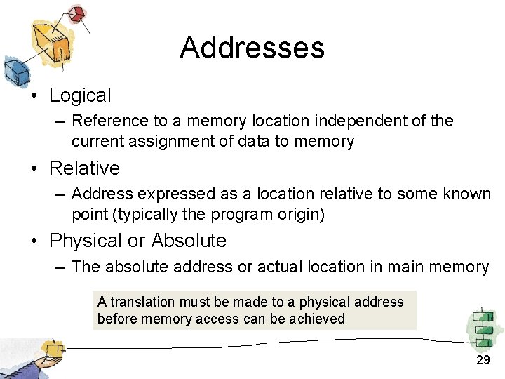 Addresses • Logical – Reference to a memory location independent of the current assignment