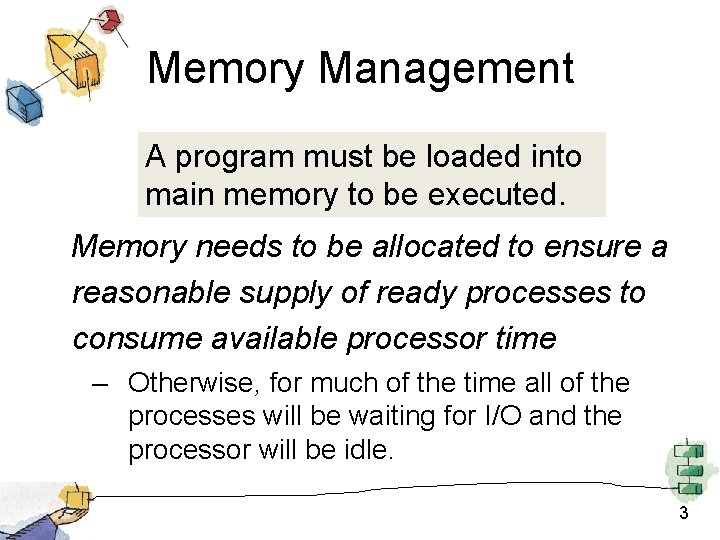 Memory Management A program must be loaded into main memory to be executed. Memory