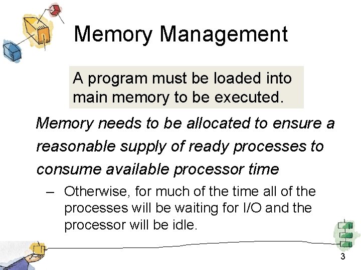 Memory Management A program must be loaded into main memory to be executed. Memory Memory Management A program must be loaded into main memory to be executed. Memory