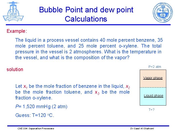 Bubble Point and dew point Calculations Example: The liquid in a process vessel contains