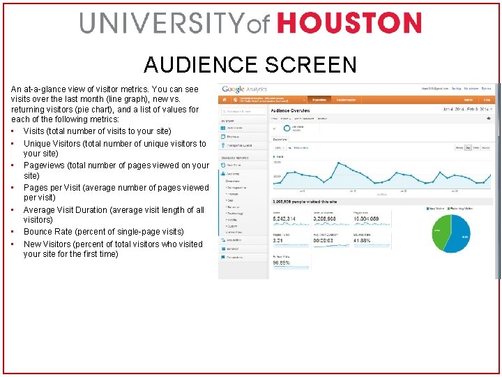 AUDIENCE SCREEN An at-a-glance view of visitor metrics. You can see visits over the