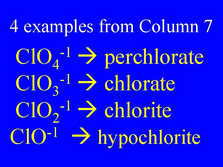 4 examples from Column 7 -1 Cl. O 4 perchlorate -1 Cl. O 3 4 examples from Column 7 -1 Cl. O 4 perchlorate -1 Cl. O 3