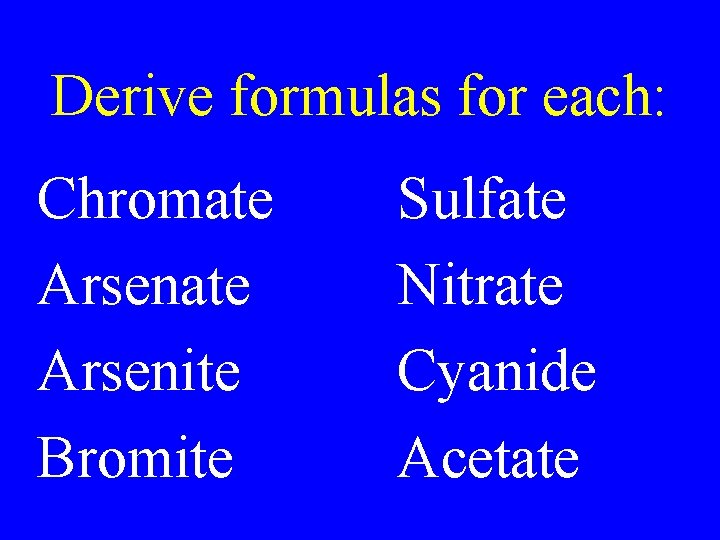 Derive formulas for each: Chromate Arsenite Bromite Sulfate Nitrate Cyanide Acetate Derive formulas for each: Chromate Arsenite Bromite Sulfate Nitrate Cyanide Acetate