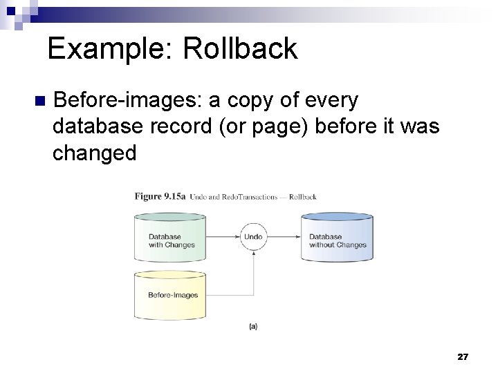 Example: Rollback n Before-images: a copy of every database record (or page) before it