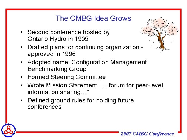 The CMBG Idea Grows • Second conference hosted by Ontario Hydro in 1995 •