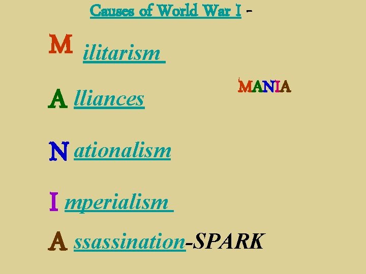 Causes of World War I - M ilitarism MANIA A lliances N ationalism I