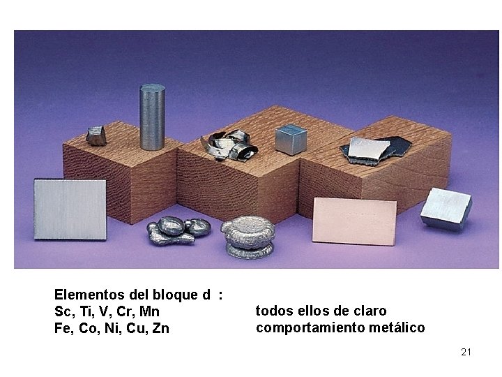 Elementos del bloque d : Sc, Ti, V, Cr, Mn Fe, Co, Ni, Cu,