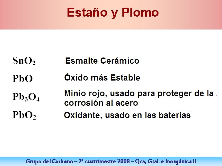 Estaño y Plomo Grupo del Carbono – 2° cuatrimestre 2008 – Qca, Gral. e