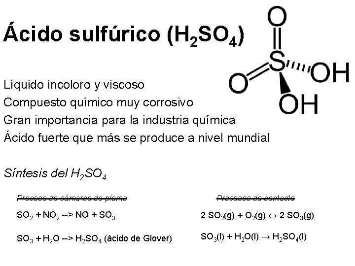 Ácido sulfúrico (H 2 SO 4) Líquido incoloro y viscoso Compuesto químico muy corrosivo