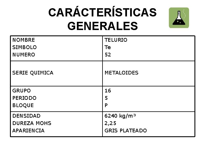 CARÁCTERÍSTICAS GENERALES NOMBRE SIMBOLO NUMERO TELURIO Te 52 SERIE QUIMICA METALOIDES GRUPO PERIODO BLOQUE