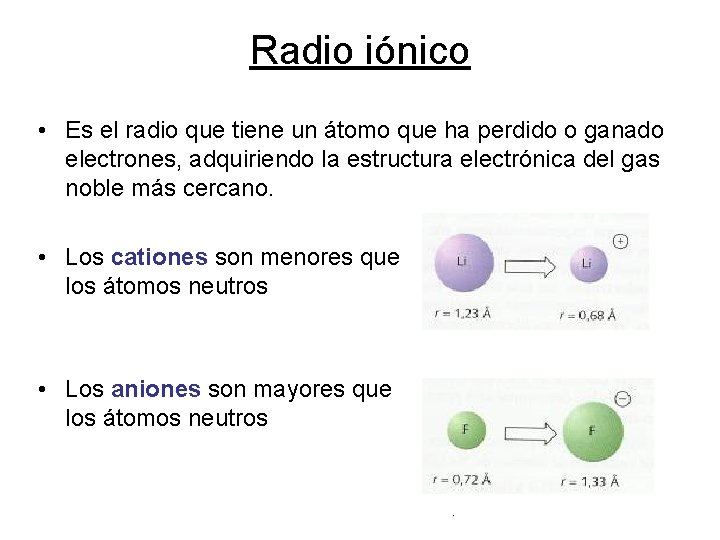 Radio iónico • Es el radio que tiene un átomo que ha perdido o