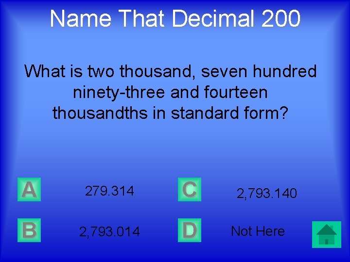 Name That Decimal 200 What is two thousand, seven hundred ninety-three and fourteen thousandths