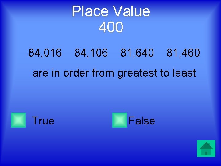 Place Value 400 84, 016 84, 106 81, 640 81, 460 are in order