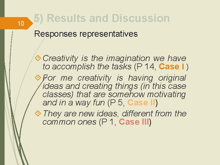 10 5) Results and Discussion Responses representatives Creativity is the imagination we have to