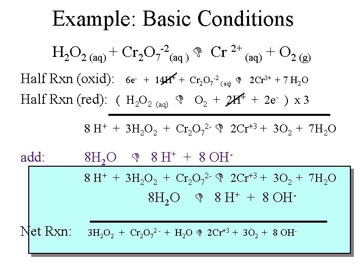 Example: Basic Conditions H 2 O 2 (aq) + Cr 2 O 7 -2(aq