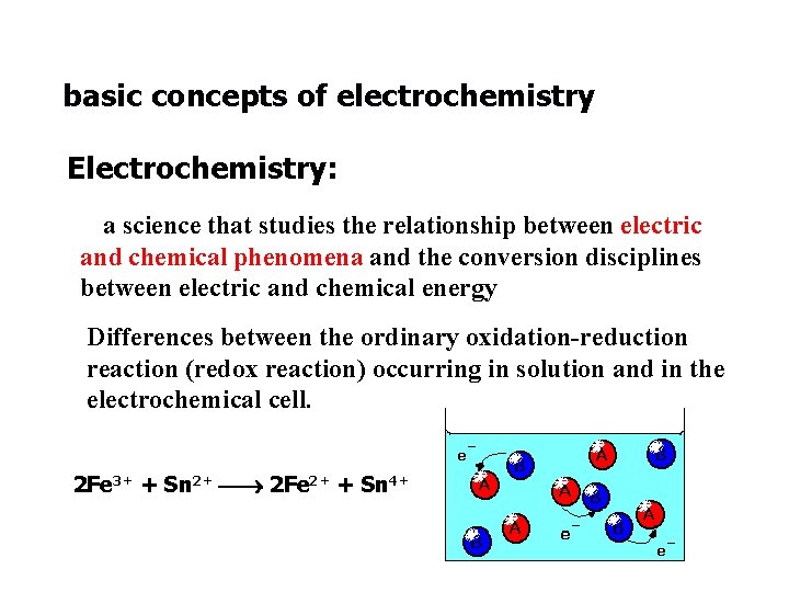 basic concepts of electrochemistry Electrochemistry: a science that studies the relationship between electric and