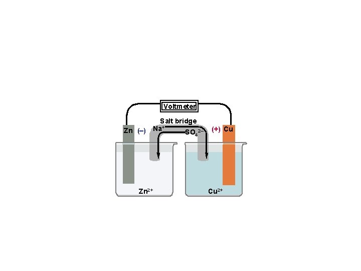 Voltmeter Zn (–) Zn 2+ Salt bridge Na+ SO 42– (+) Cu Cu 2+