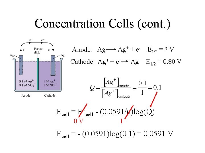 Concentration Cells (cont. ) Anode: Ag Ag+ + e- E 1/2 = ? V Concentration Cells (cont. ) Anode: Ag Ag+ + e- E 1/2 = ? V