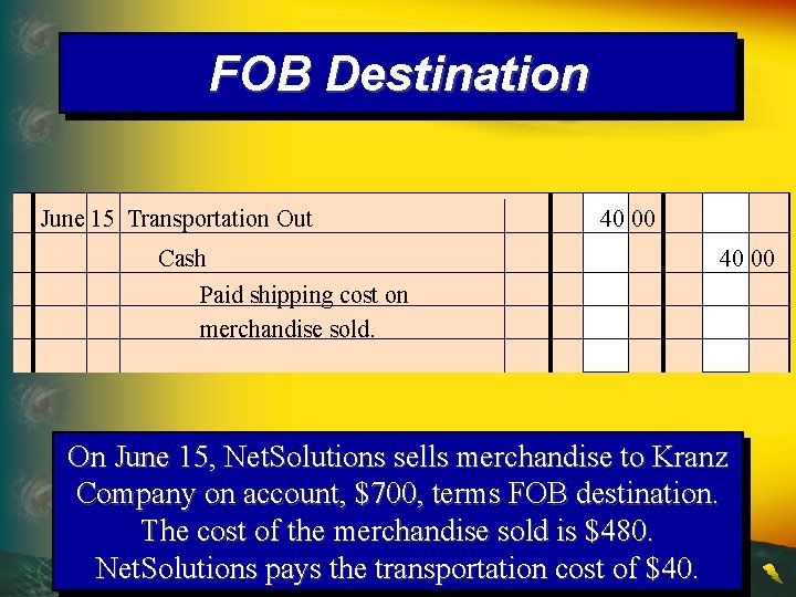 FOB Destination June 15 Transportation Out Cash 40 00 Paid shipping cost on merchandise