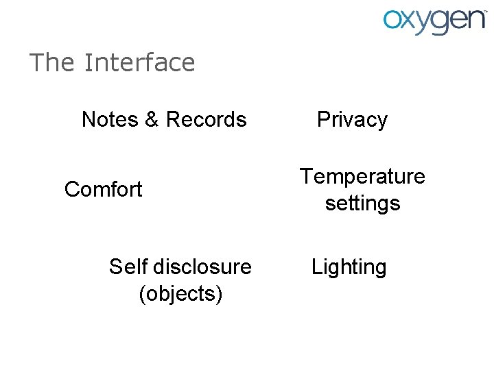 The Interface Notes & Records Comfort Self disclosure (objects) Privacy Temperature settings Lighting 