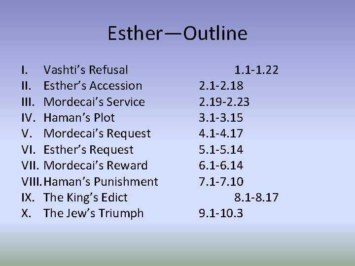 Esther—Outline I. Vashti’s Refusal II. Esther’s Accession III. Mordecai’s Service IV. Haman’s Plot V.