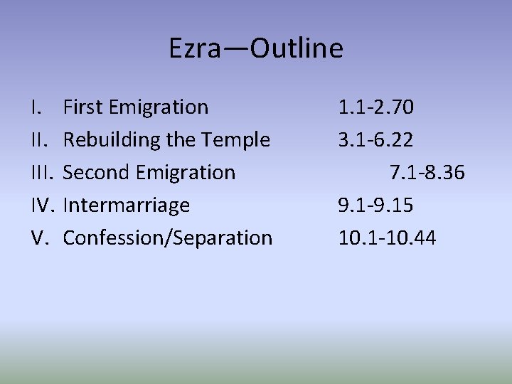 Ezra—Outline I. III. IV. V. First Emigration Rebuilding the Temple Second Emigration Intermarriage Confession/Separation