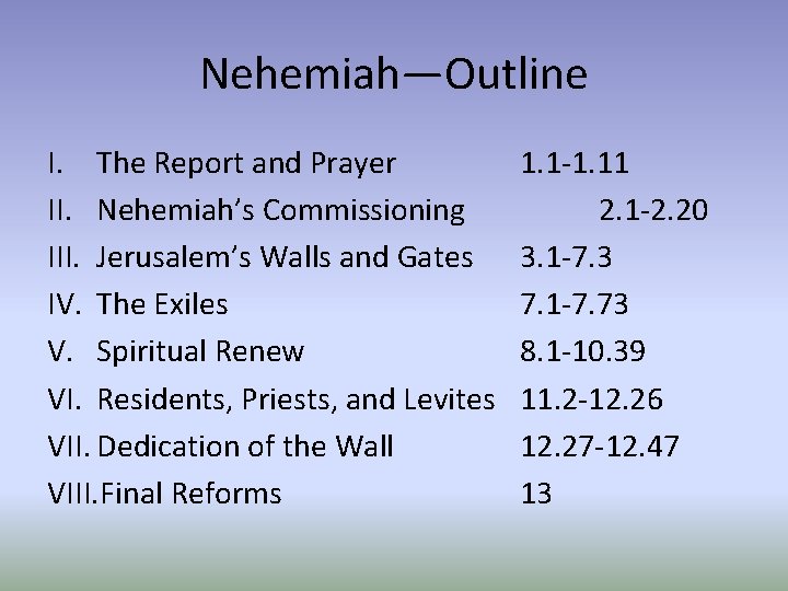 Nehemiah—Outline I. The Report and Prayer II. Nehemiah’s Commissioning III. Jerusalem’s Walls and Gates