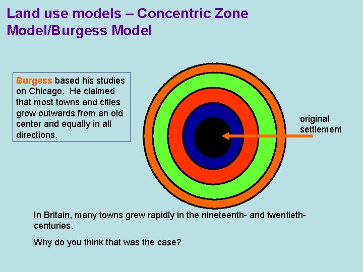 Land use models – Concentric Zone Model/Burgess Model Burgess based his studies on Chicago.